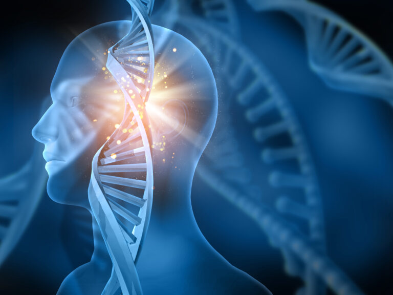 Estructura de ADN superpuesta a cabeza humana